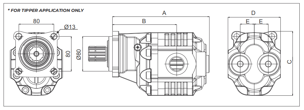 Hydraulic gear pump dimensional drawing showing mounting flange and shaft layout